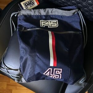 F45 Navy and Gray Drawstring Backpack